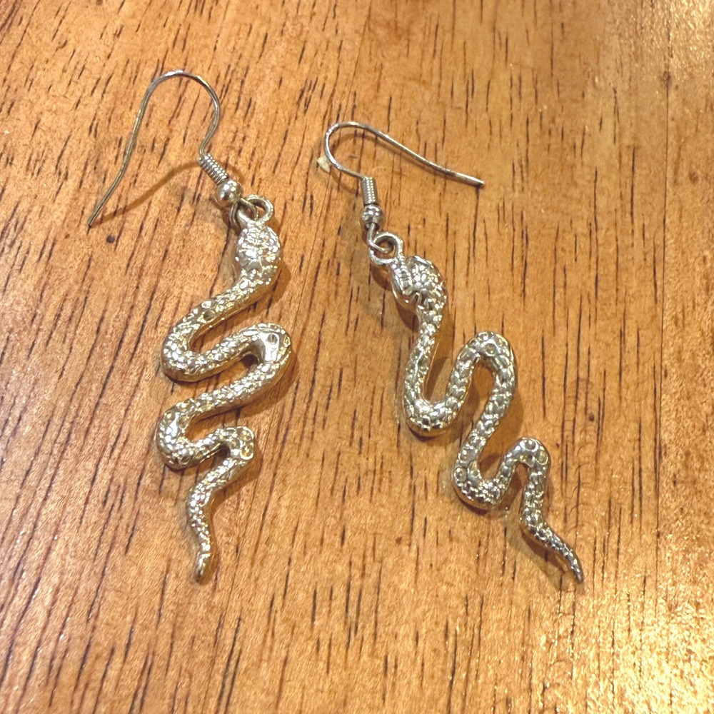 Gold Tone Snake Dangle Earrings Textured Serpent Reptile Hook Drop Jewelry